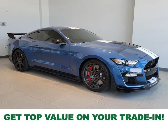 2021 Ford Mustang Shelby GT500 in Blue Metallic — front three-quarter view
