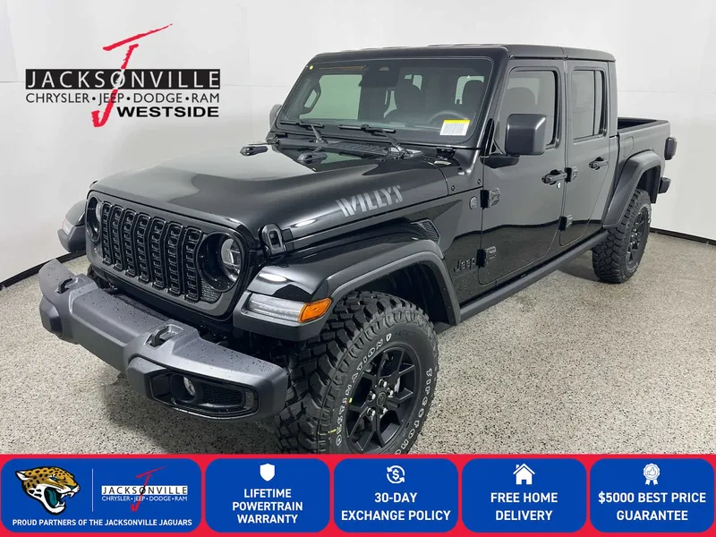 2026 Jeep Gladiator Willys in Black Clear-Coat Exterior Paint — front three-quarter view