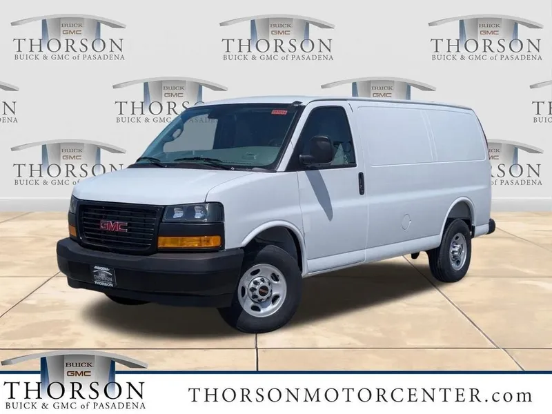 2026 GMC Savana Cargo Work Van in Summit White — front three-quarter view
