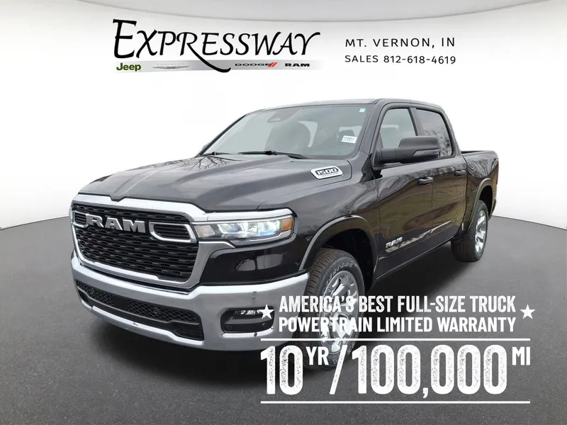 2026 RAM 1500 Big Horn 4x4 Crew Cab 5'7 Box in Diamond Black Crystal Pearl-Coat Exterior Paint — front three-quarter view