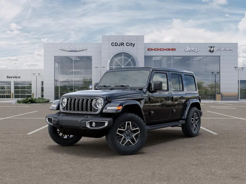 2026 Jeep Wrangler WRANGLER 4-DOOR SAHARA in Black Clear-Coat Exterior Paint — front three-quarter view