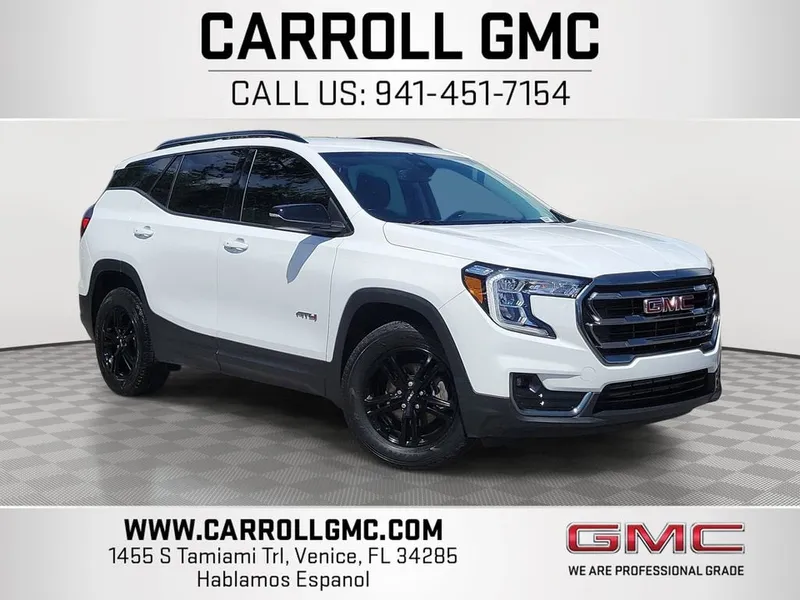 2023 GMC Terrain AT4 in Summit White — front three-quarter view