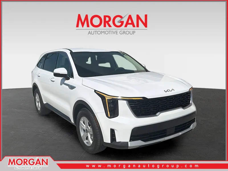 2025 Kia Sorento LX in Glacial White Pearl — front three-quarter view