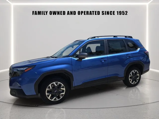 2026 Subaru Forester Premium in Daybreak Blue Pearl — front three-quarter view
