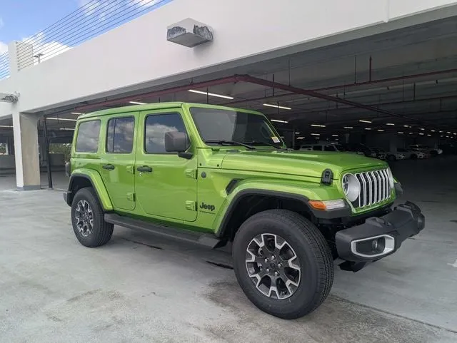 2026 Jeep Wrangler Sahara in Mojito Clear-Coat Exterior Paint — front three-quarter view