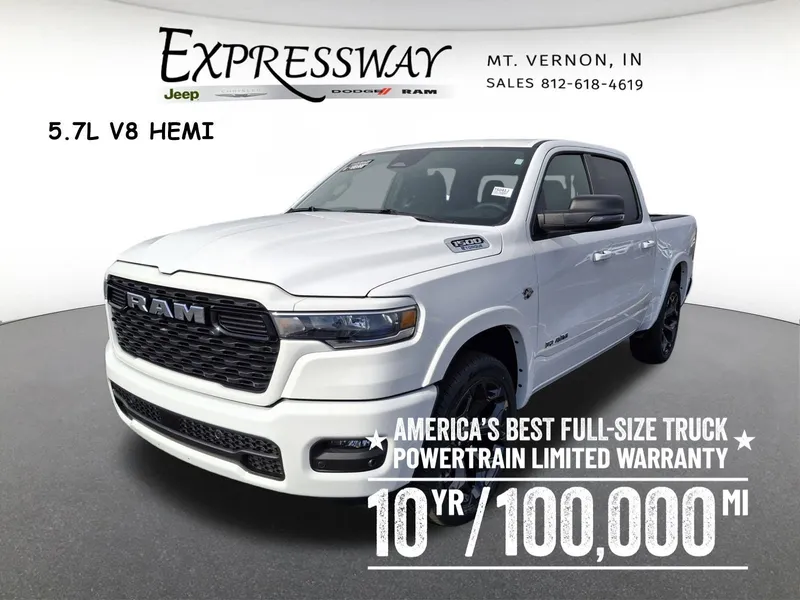2026 RAM 1500 Big Horn 4x4 Crew Cab 5'7 Box in Bright White Clear-Coat Exterior Paint — front three-quarter view