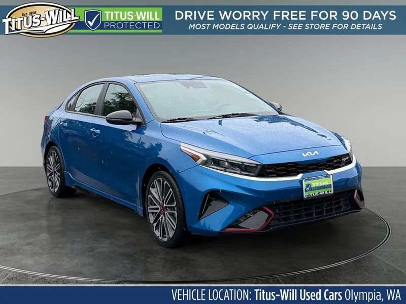 2023 Kia Forte GT in Sporty Blue — front three-quarter view
