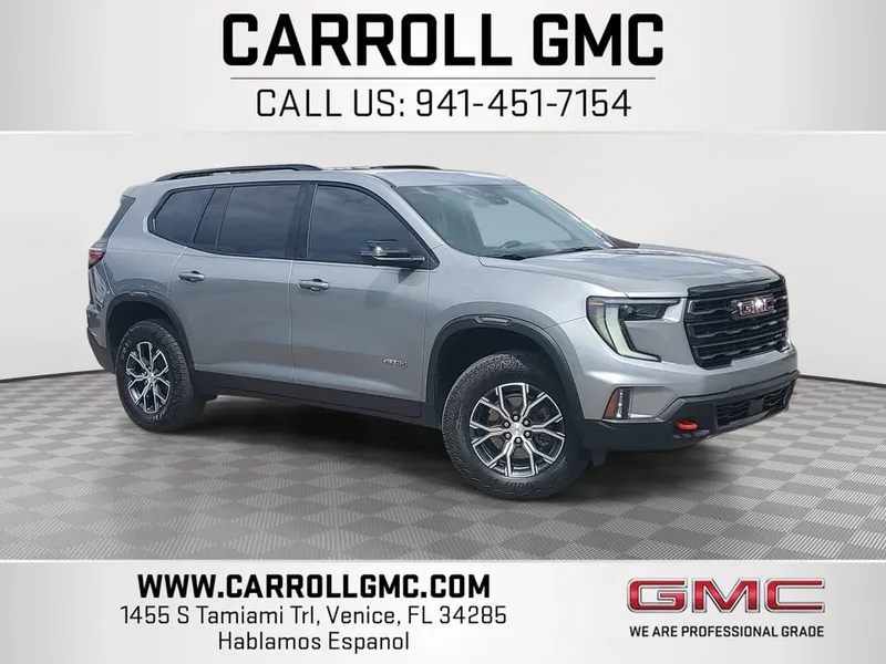 2025 GMC Acadia AT4 in Sterling Metallic — front three-quarter view