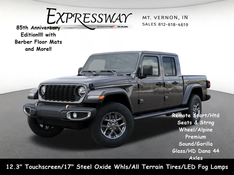 2026 Jeep Gladiator 85th Anniversary Edition in Granite Crystal Metallic Clear-Coat Exterior Paint — front three-quarter view