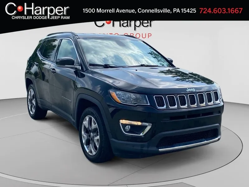 2019 Jeep Compass Limited in Diamond Black Crystal Pearlcoat — front three-quarter view