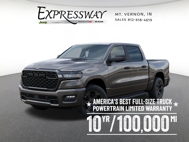 2026 RAM 1500 Express 4x4 Crew Cab 5'7 Box in Granite Crystal Metallic Clear-Coat Exterior Paint — front three-quarter view