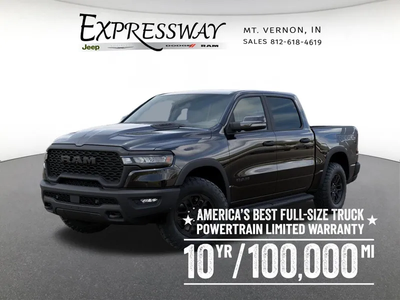 2026 RAM 1500 Rebel 4x4 Crew Cab 5'7 Box in Diamond Black Crystal Pearl-Coat Exterior Paint — front three-quarter view