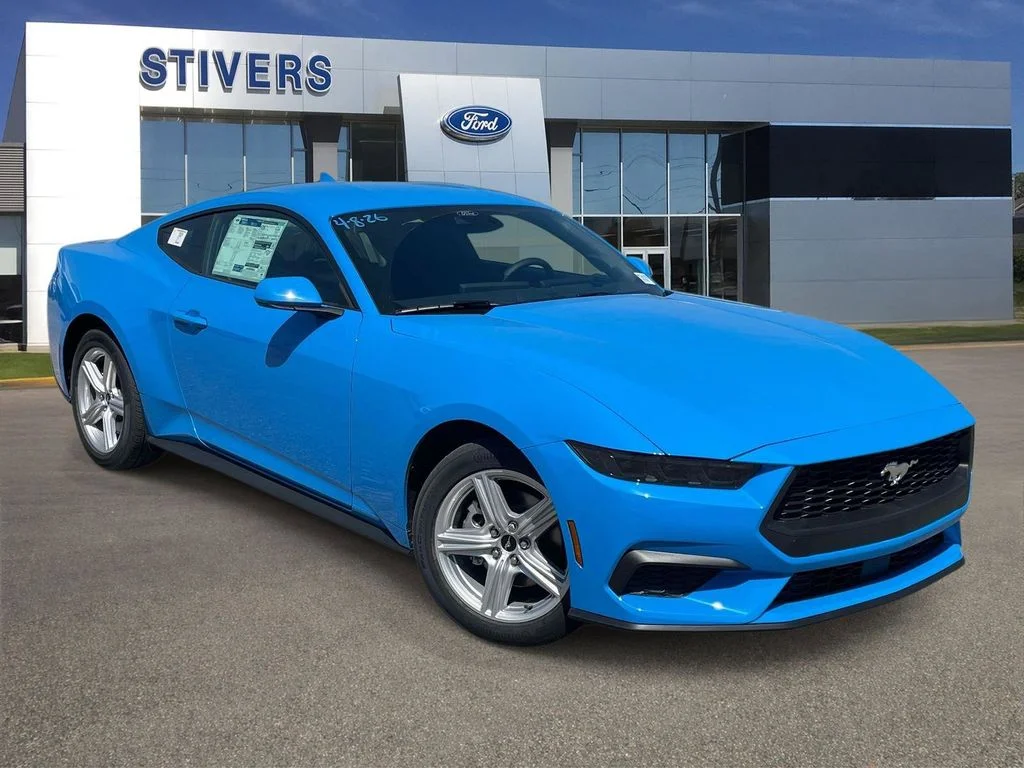 2026 Ford Mustang EcoBoost in Grabber Blue Metallic — front three-quarter view