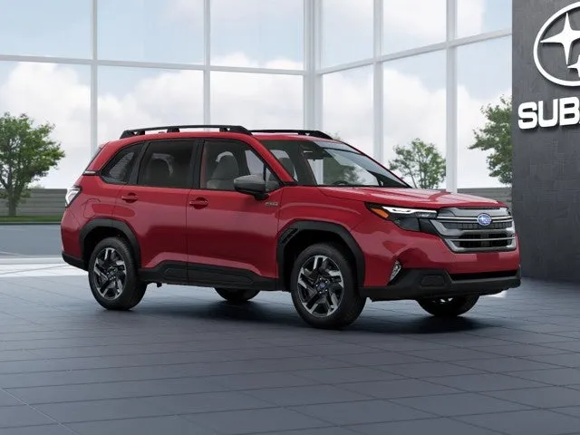 2026 Subaru FORESTER Premium Hybrid in Crimson Red Pearl — front three-quarter view