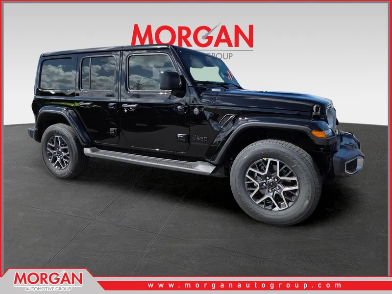 2026 Jeep Wrangler Sahara in Black — front three-quarter view