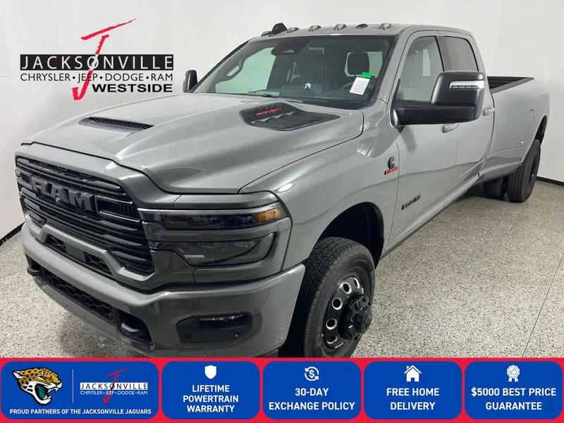 2026 RAM 3500 Laramie in Ceramic Gray Clear-Coat Exterior Paint — front three-quarter view
