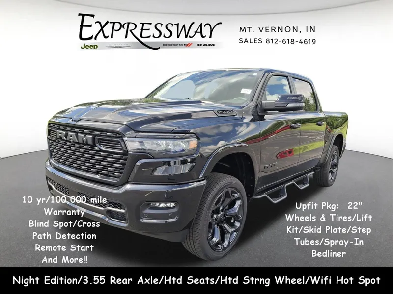 2026 RAM 1500 Big Horn 4x4 Crew Cab 5'7 Box in Diamond Black Crystal Pearl-Coat Exterior Paint — front three-quarter view