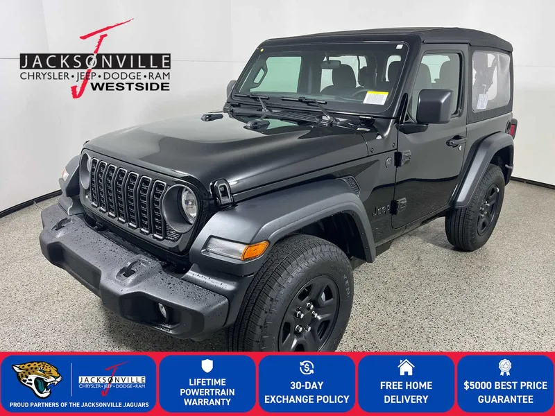 2026 Jeep Wrangler Sport in Black Clear-Coat Exterior Paint — front three-quarter view