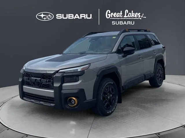 2026 Subaru OUTBACK Wilderness in River Rock Pearl — front three-quarter view