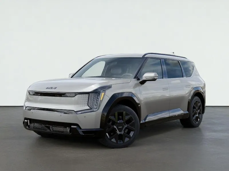 2026 Kia EV9 LAND in Ivory Silver — front three-quarter view
