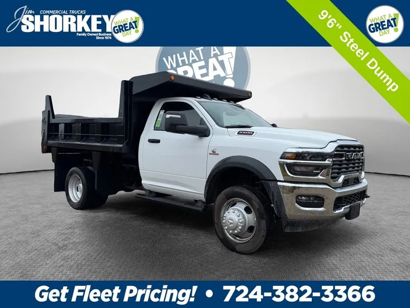 2026 RAM 5500 Tradesman DRW 4x4 / 6.7L Diesel / 9'6" Steel Dump in Bright White Clear-Coat Exterior Paint — front three-quarter view