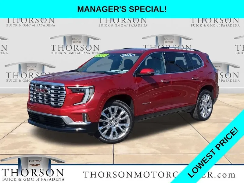 2024 GMC Acadia Denali in Volcanic Red Tintcoat — front three-quarter view
