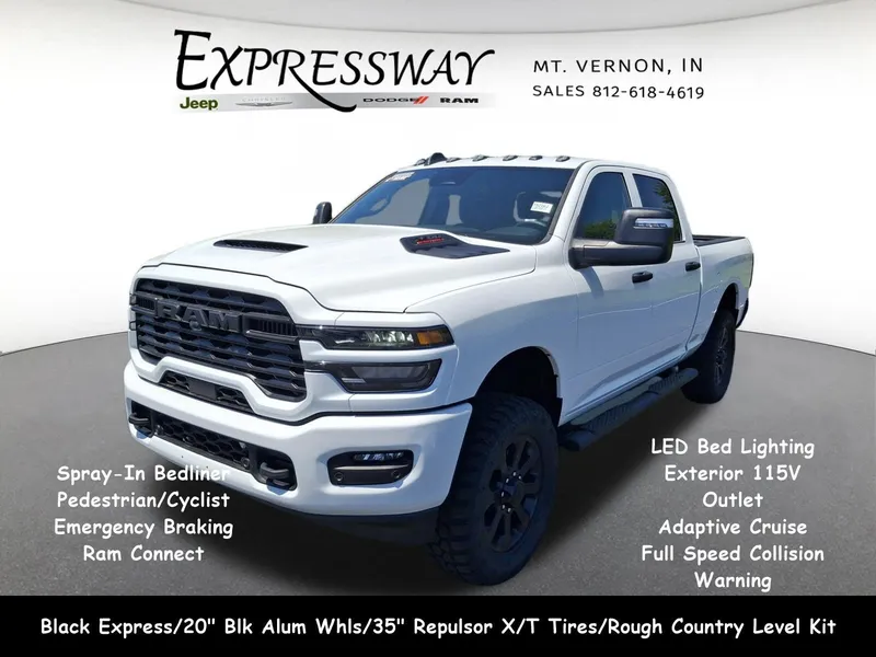 2026 RAM 2500 Black Express 4x4 Crew Cab 6'4 Box in Bright White Clear-Coat Exterior Paint — front three-quarter view