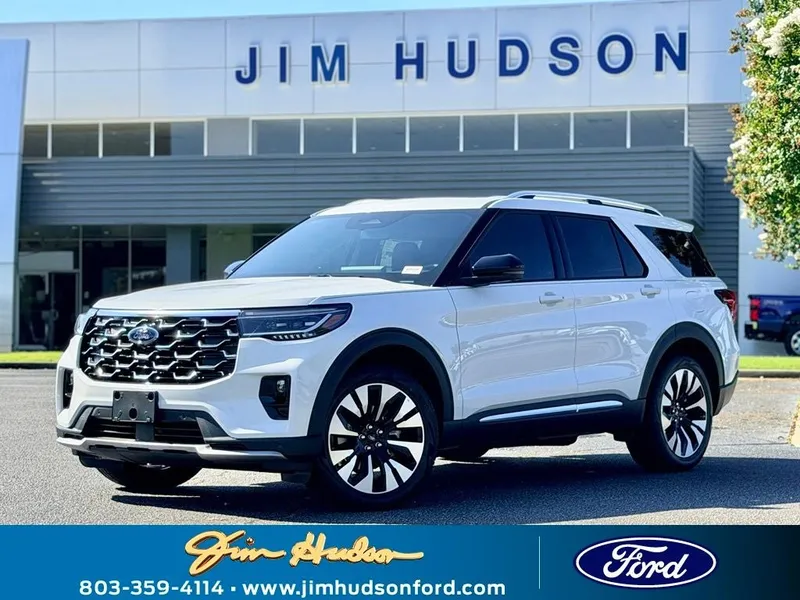 2026 Ford Explorer Platinum in White Metallic — front three-quarter view