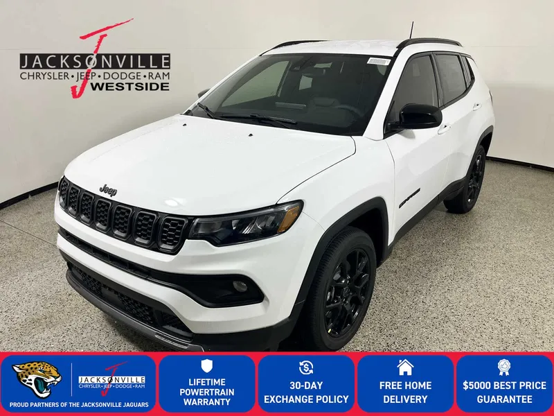 2026 Jeep Compass Latitude Altitude in Bright White Clear-Coat Exterior Paint — front three-quarter view