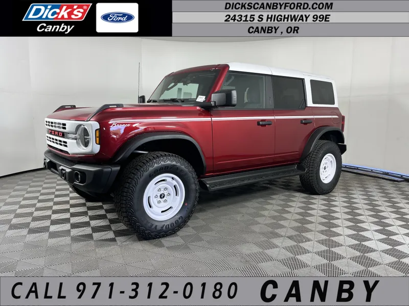 2026 Ford Bronco Heritage Edition in Ruby Red Metallic Tinted Clearcoat — front three-quarter view