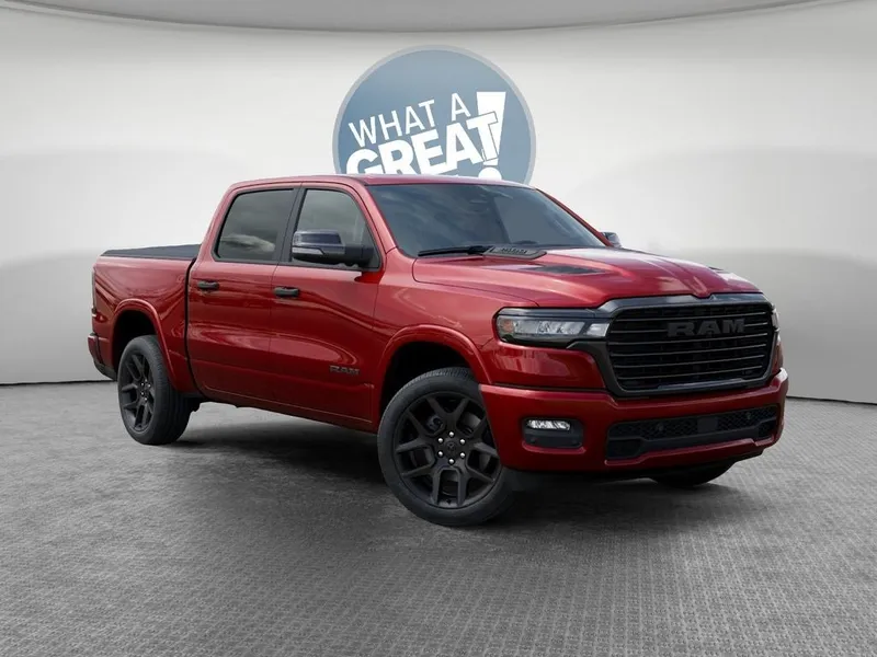 2026 RAM 1500 Laramie in Molten Red Pearl-Coat Exterior Paint — front three-quarter view