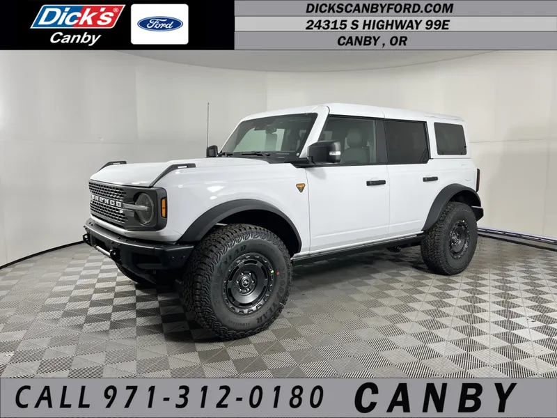 2025 Ford Bronco Badlands in Oxford White — front three-quarter view