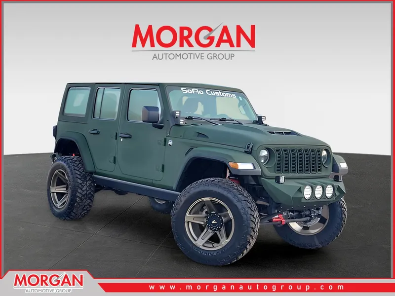 2025 Jeep Wrangler SoFlo Customs in Green — front three-quarter view