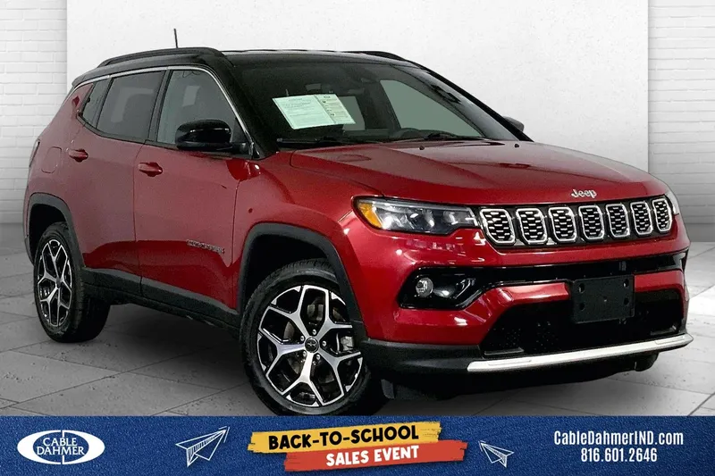 2025 Jeep Compass Limited in Red Hot Pearlcoat — front three-quarter view