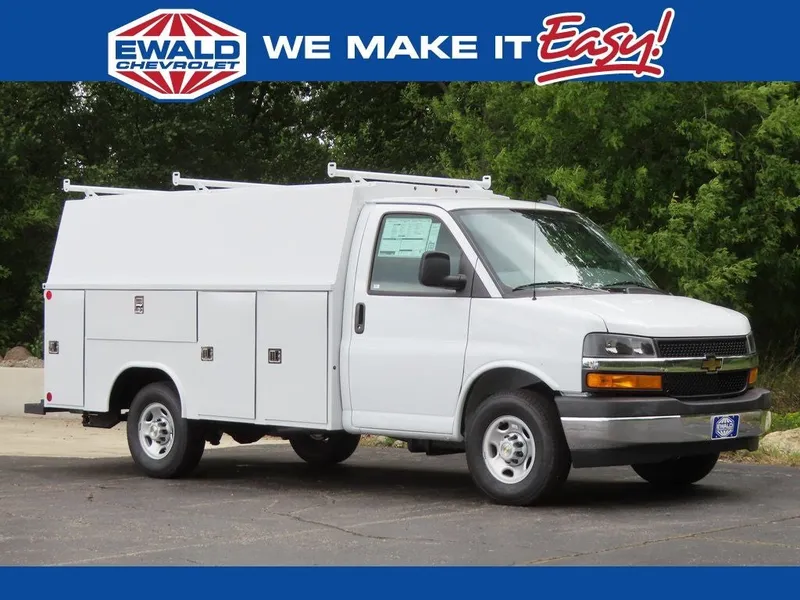 2025 Chevrolet Express 3500 READING 57" SRW, ALUMINUM ROOF CLASSIC SERVICE VAN Cutaway in Summit White — front three-quarter view