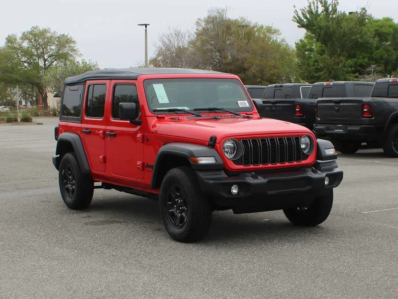 2026 Jeep Wrangler Sport in Firecracker Red Clear-Coat Exterior Paint — front three-quarter view