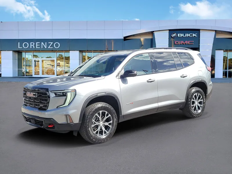 2024 GMC Acadia AT4 in Sterling Metallic — front three-quarter view
