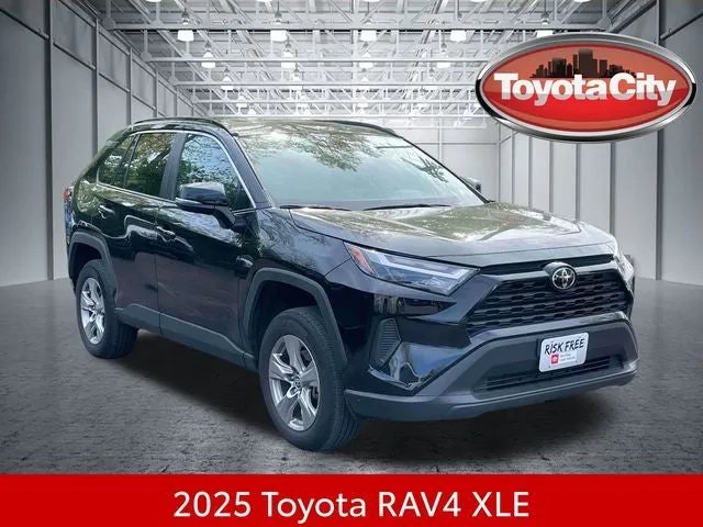 2025 Toyota RAV4 XLE in Midnight Black Metallic — front three-quarter view