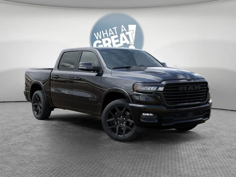 2026 RAM 1500 Laramie in Diamond Black Crystal Pearl-Coat Exterior Paint — front three-quarter view