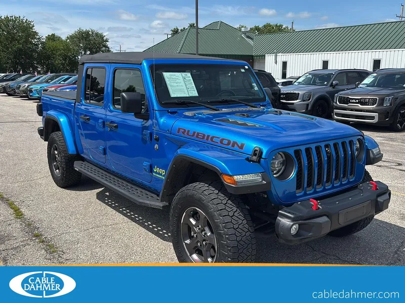 2021 Jeep Gladiator Rubicon in Hydro Blue Pearlcoat — front three-quarter view