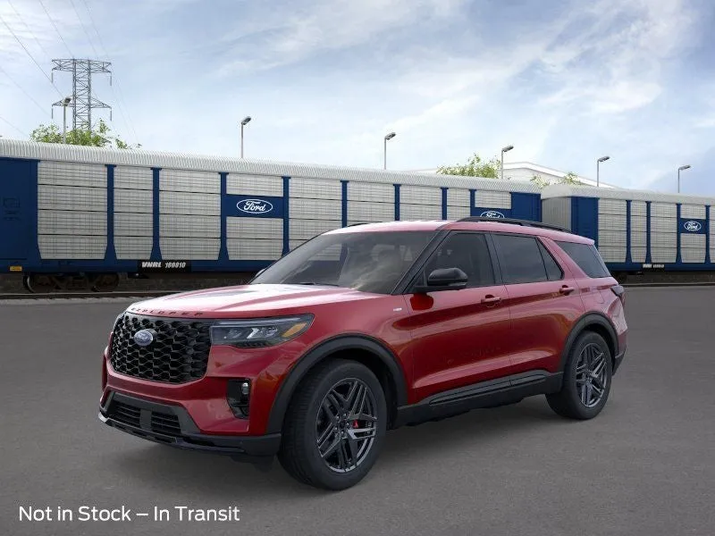 2026 Ford Explorer ST-Line in Rapid Red Metallic Tinted Clearcoat — front three-quarter view