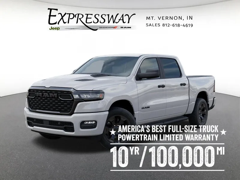 2026 RAM 1500 Express 4x4 Crew Cab 5'7 Box in Bright White Clear-Coat Exterior Paint — front three-quarter view