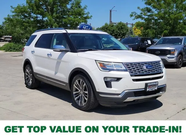 2018 Ford Explorer Platinum in White Platinum Clearcoat Metallic — front three-quarter view