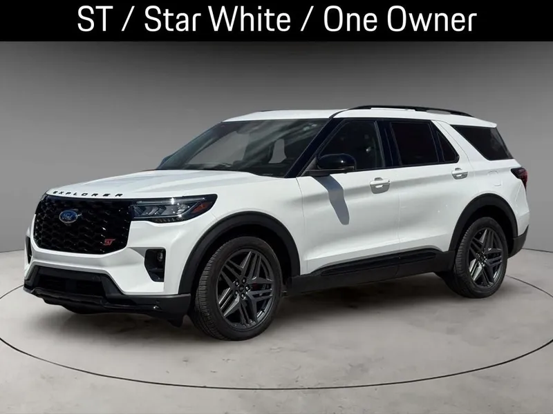 2025 Ford Explorer ST in Star White Metallic Tri-Coat — front three-quarter view