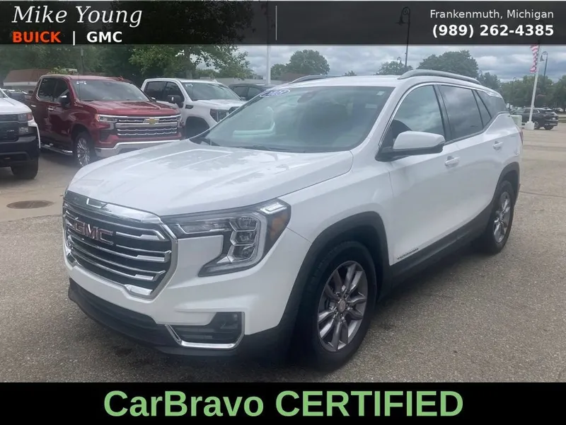 2023 GMC Terrain SLT in Summit White — front three-quarter view