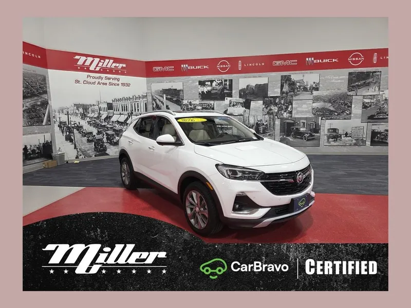 2021 Buick Encore GX Essence CarBravo Certified in Summit White — front three-quarter view
