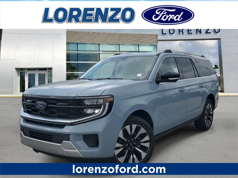2026 Ford Expedition Max Platinum in Glacier Gray Metallic Tri-Coat — front three-quarter view