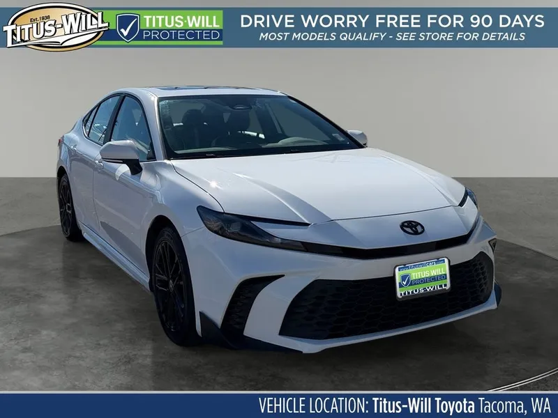 2025 Toyota Camry SE in Ice Cap — front three-quarter view