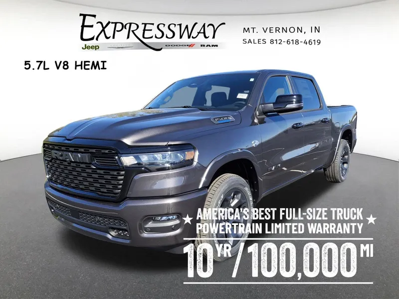 2026 RAM 1500 Big Horn 4x4 Crew Cab 5'7 Box in Granite Crystal Metallic Clear-Coat Exterior Paint — front three-quarter view