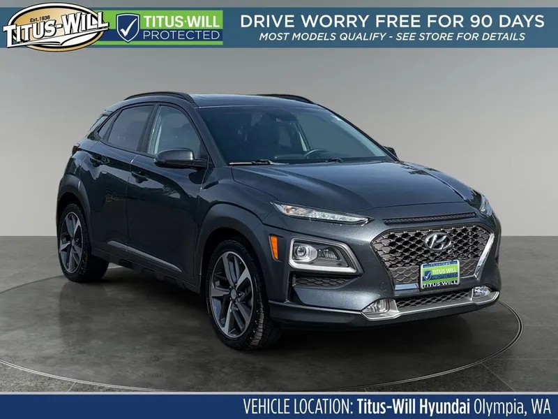 2019 Hyundai Kona Limited in Thunder Gray — front three-quarter view